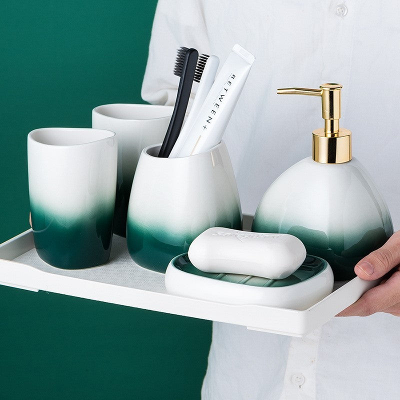 Washing suit couple brushing teeth and mouthwash cup