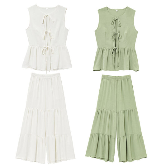 Sleeveless Lace-up Top Loose Drape Flared Pants