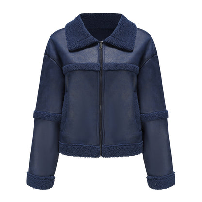 Suede Women's Fashionable Warm Fleece Leather Jacket