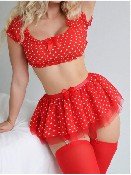 Sexy Lingerie Polka Dot Off-the-shoulder Pettiskirt Two-piece Set