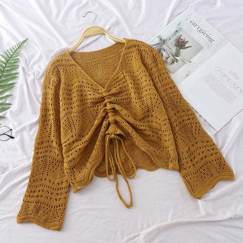Loose Knit Sweater Short Sweater Women Long-sleeved Mesh