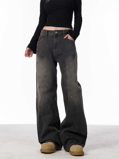 Retro Washed Splash-ink Straight Jeans For Women Loose Straight Trousers