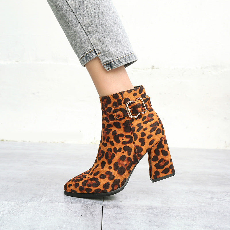 Leopard print chunky heel boots