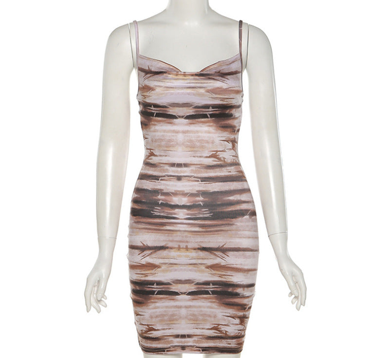 DA 4405b Sling Sexy Low-cut Halter Print Bag Hip Dress