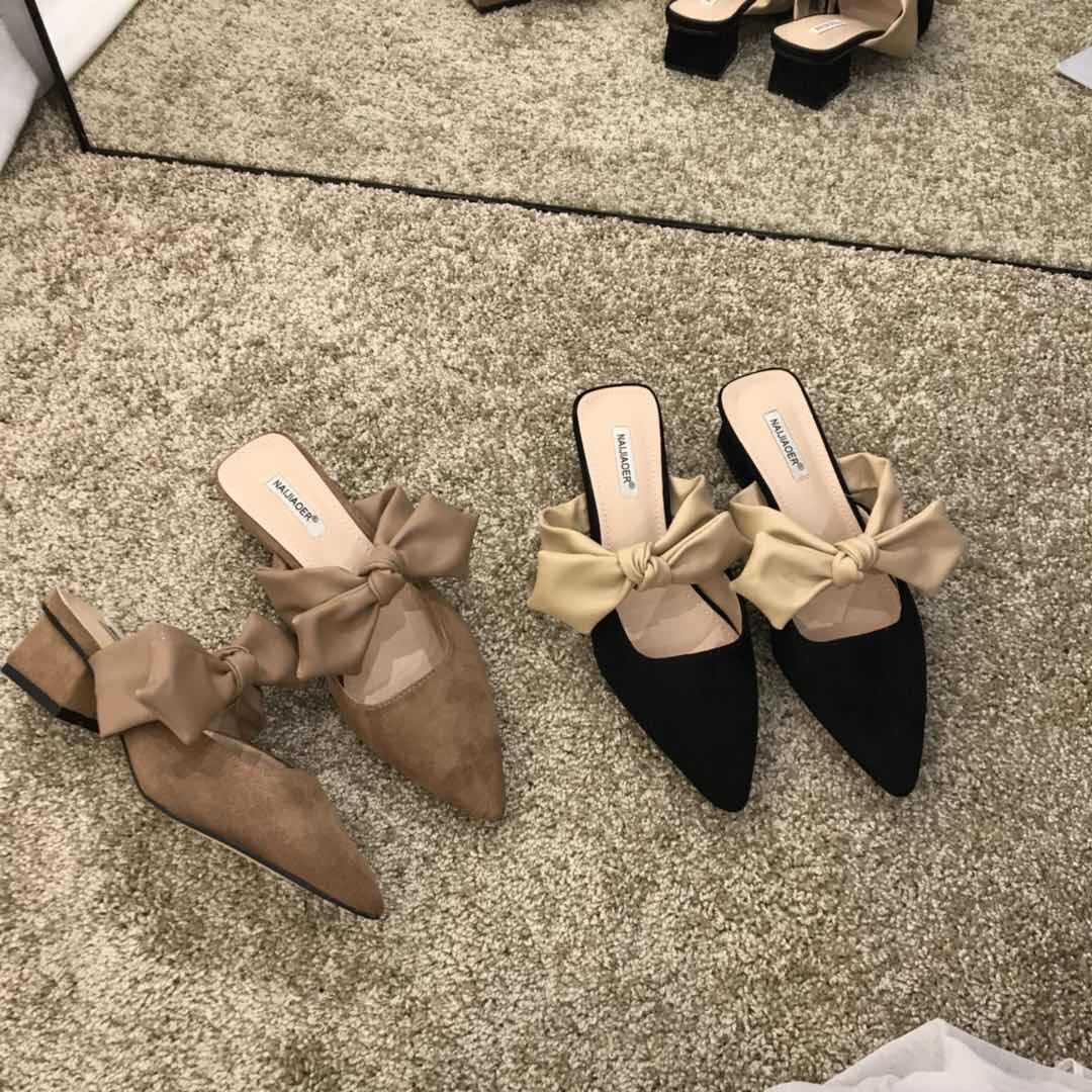 Bow-knot Baotou Mid-heel Half-drag Thick Heel Slippers