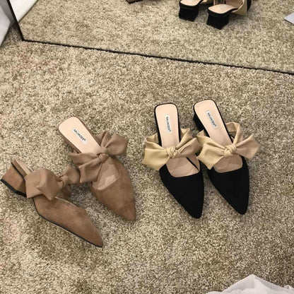 Bow-knot Baotou Mid-heel Half-drag Thick Heel Slippers