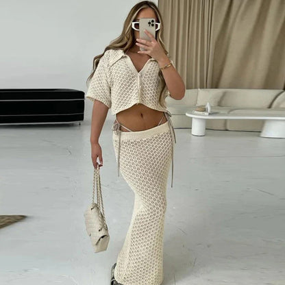 Women's Hollow Short Sleeve Beach Knitting Suit