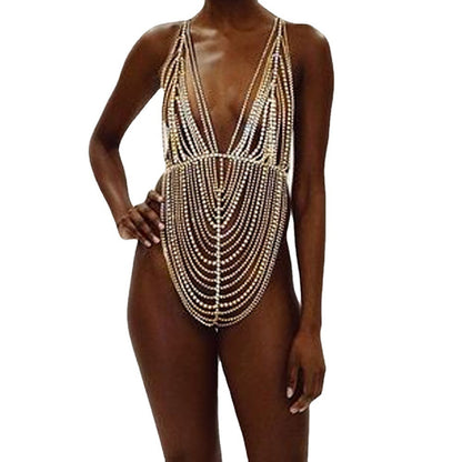 Women's European And American Nightclub Bodysuit With Body Chain
