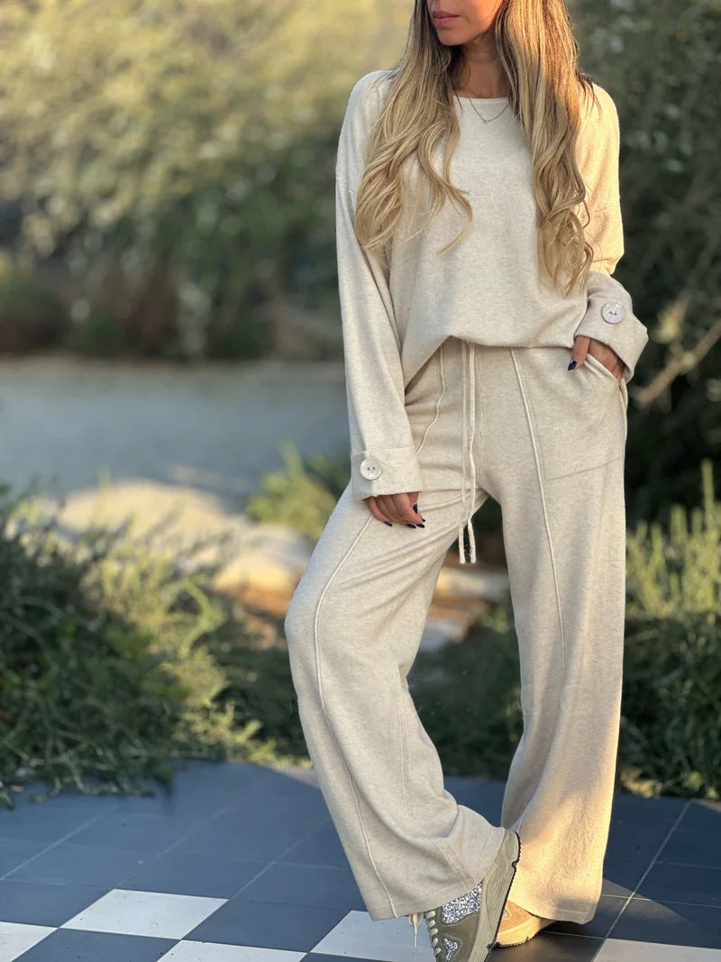 European And American Fashion Casual Set Solid Color Long-sleeve Suit Wide Leg Pants