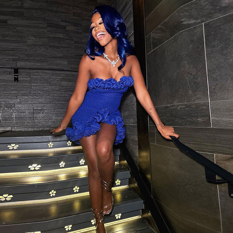 Hollow Sexy Knitted Lace-up Lace Backless Tube Top Package Hip Dress