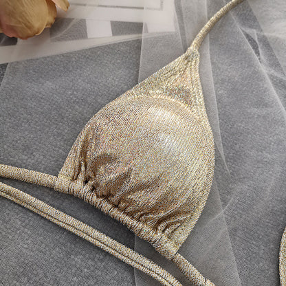 Two-Piece Beach Swimwear Set In Gold Foil Stamped Fabric