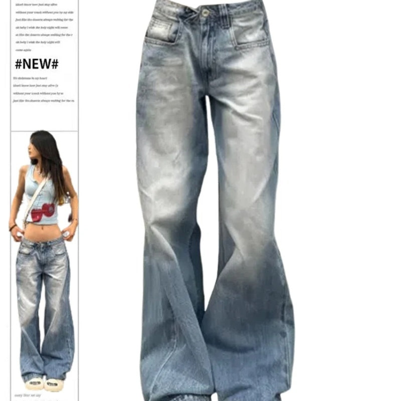 Washed Wear-white Wide Leg Low Waist Jeans For Women Summer New