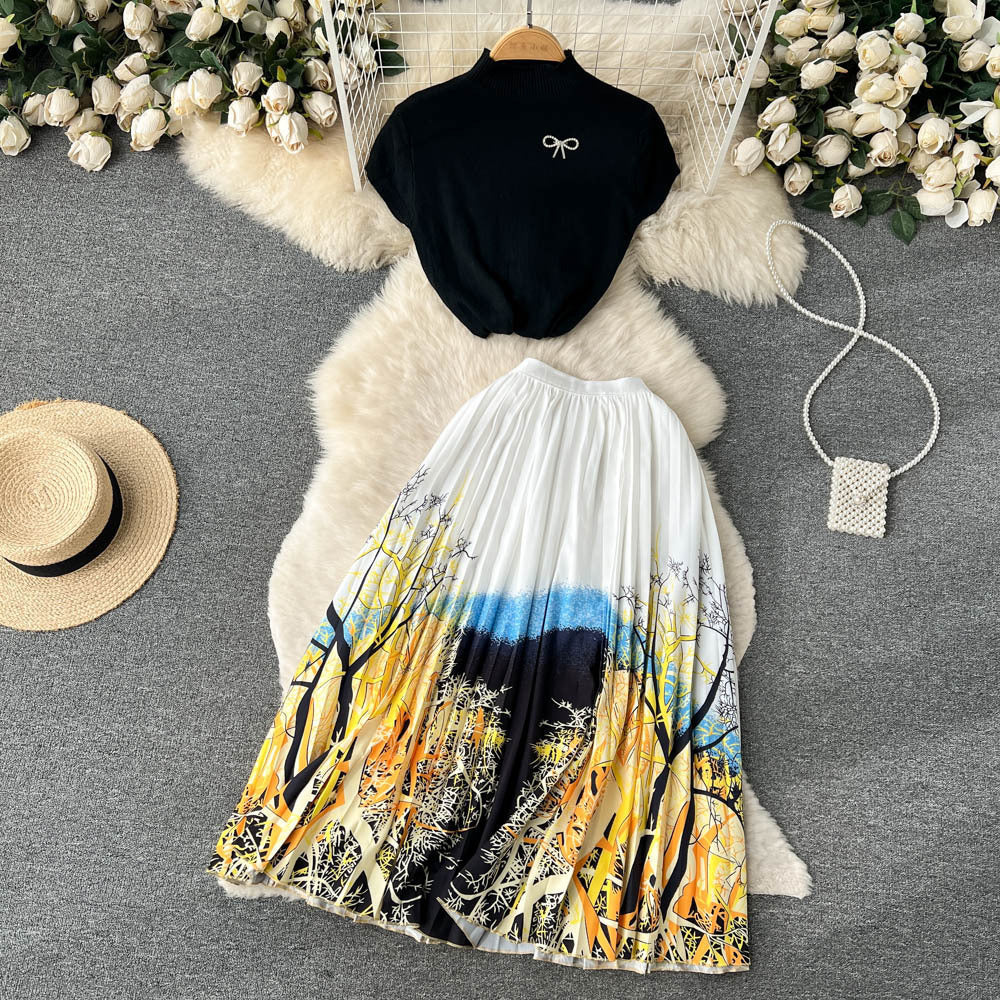 Women's Summer High-end Design Sense Niche Sleeveless Shirt Top Pleated Dress Two-piece Set