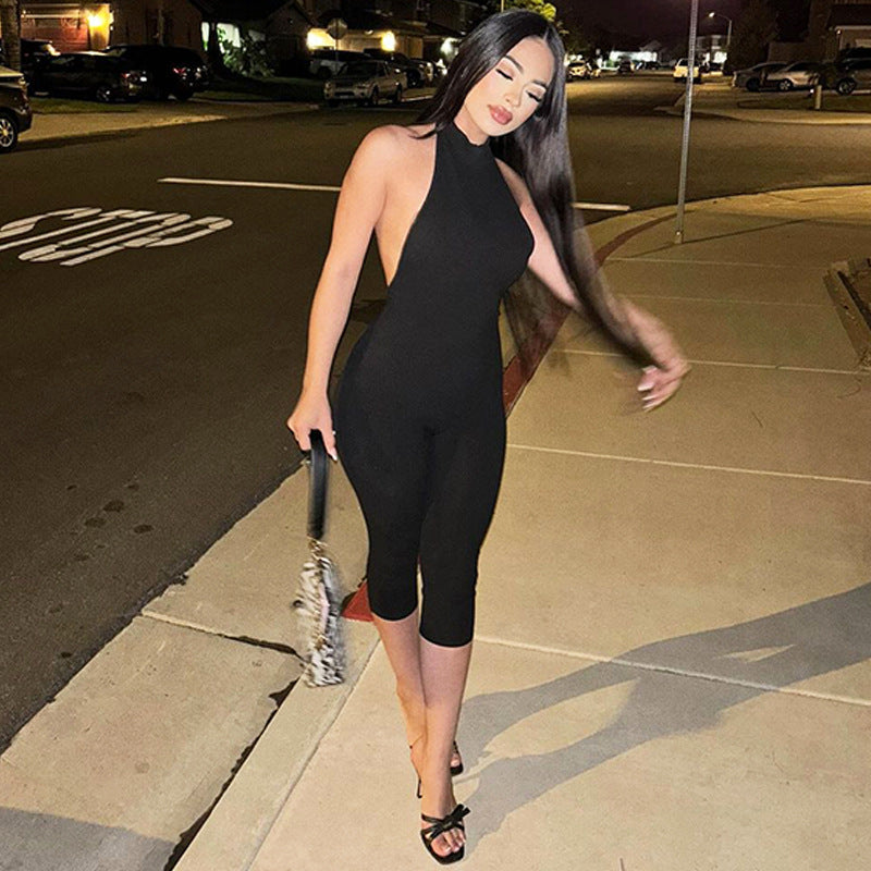 Women's Solid Color Sleeveless Halter Backless Sexy Slim Fit Bodysuit