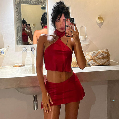 lemachy Top Short Skirt Suit Navel Hot Two Pieces Suit