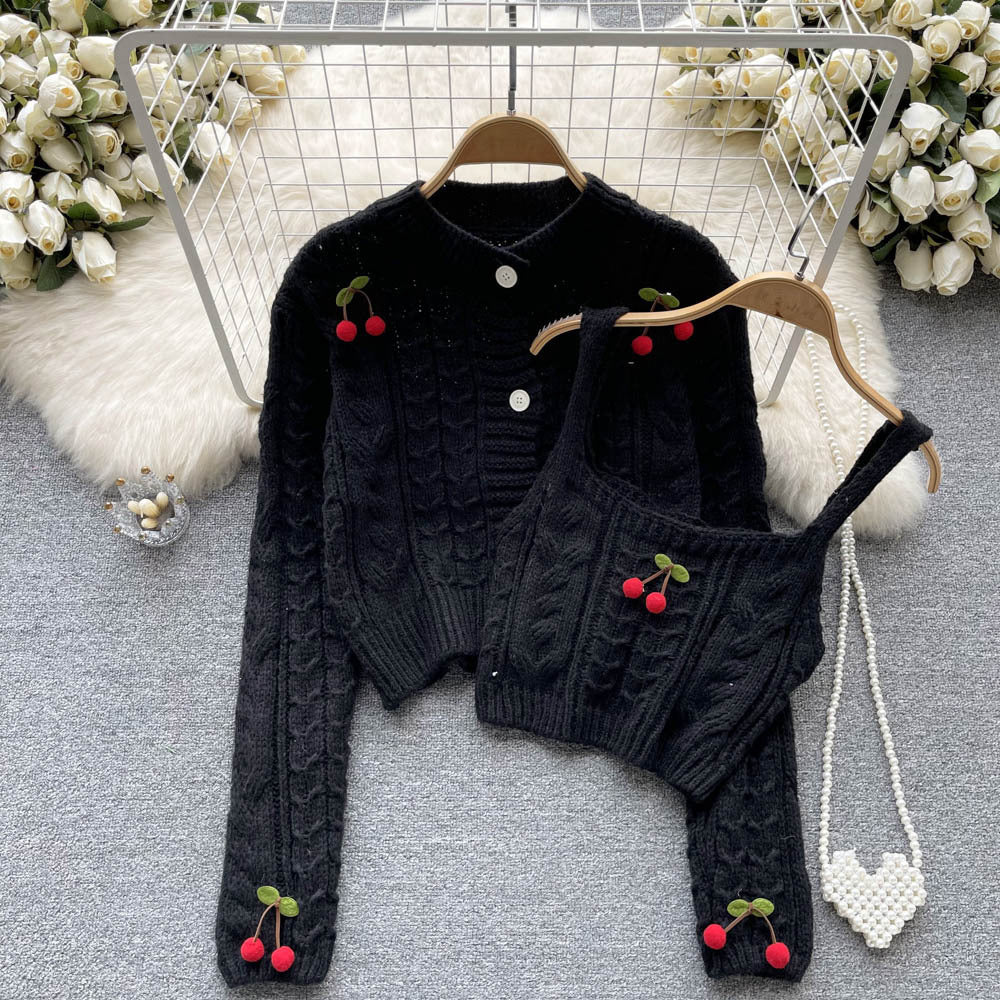 Long Sleeve Knit Sweater Cardigan Jacket Short Style Halter Vest
