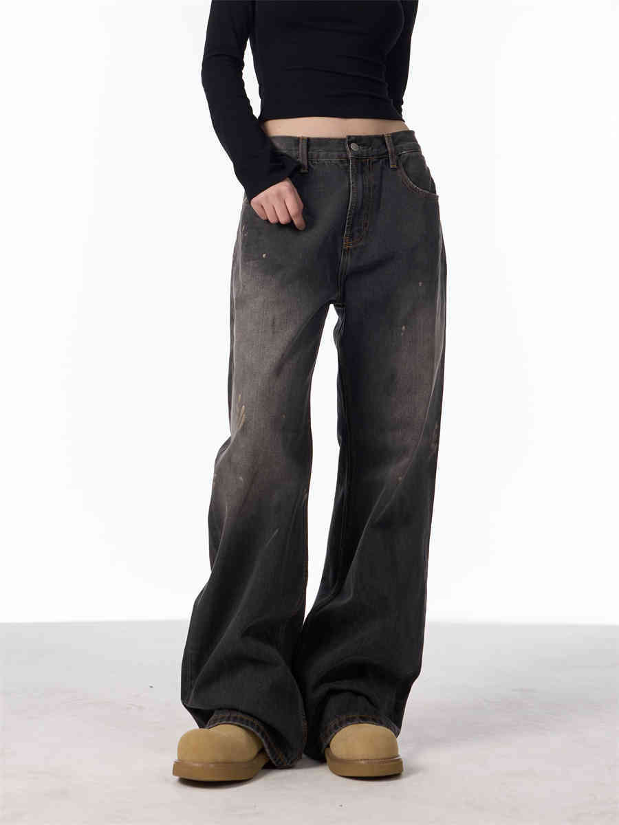 Retro Washed Splash-ink Straight Jeans For Women Loose Straight Trousers