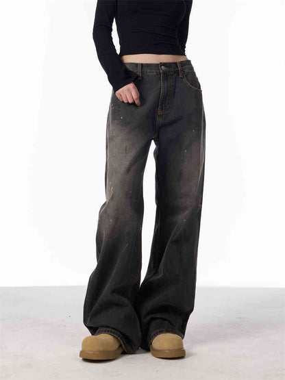 Retro Washed Splash-ink Straight Jeans For Women Loose Straight Trousers