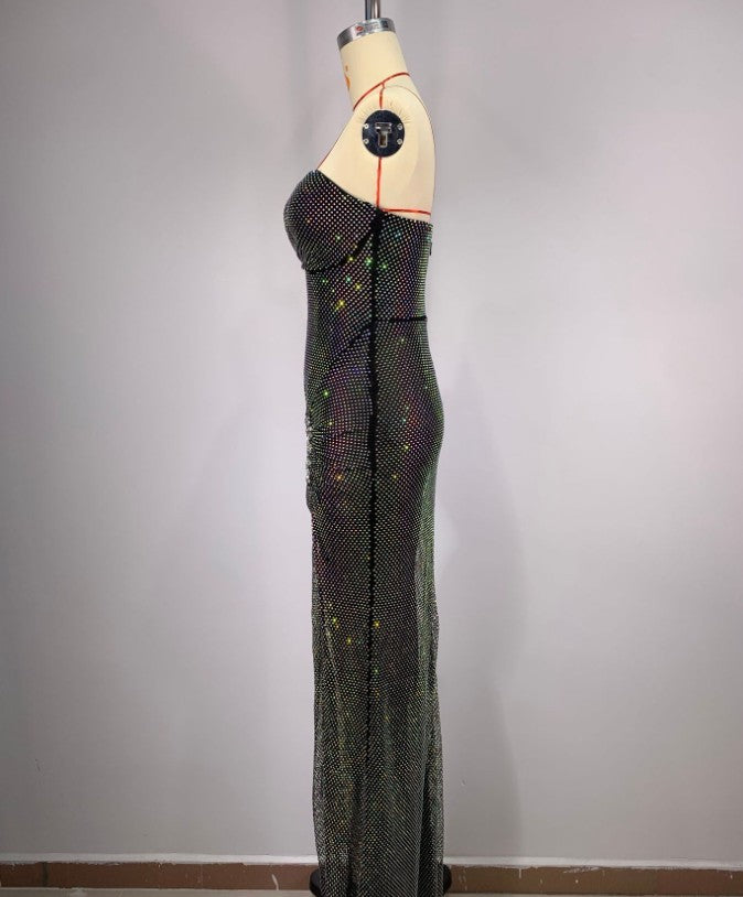 Tube Top Bright Sequin Mesh Rhinestone Handmade Fishbone Slim Dress