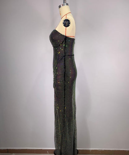 Tube Top Bright Sequin Mesh Rhinestone Handmade Fishbone Slim Dress