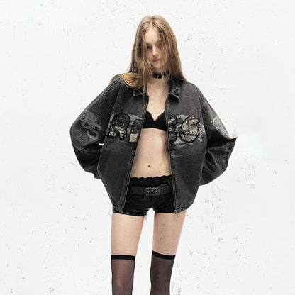 Embroidered Denim Motorcycle Jacket