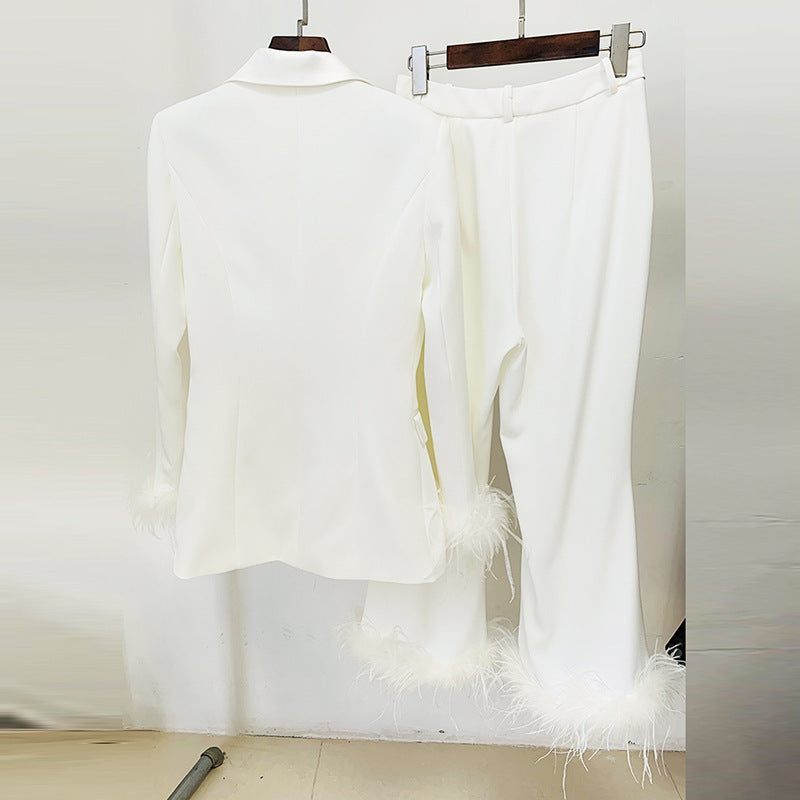 True Feathers Ostrich Fur Blazer Cropped Pants Set Two-piece Suit