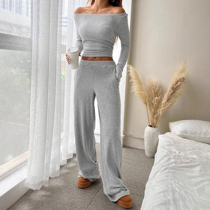 Women's Solid Color Rest Long Sleeve Boat Neck Top Wide Leg Pants Suit