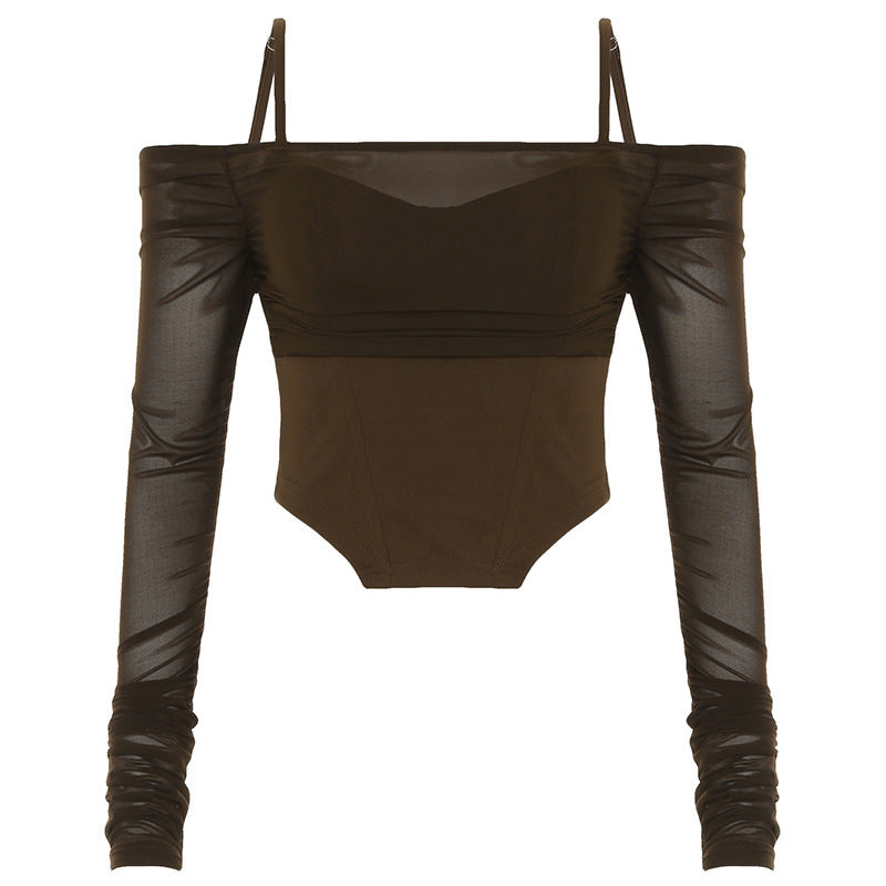 Mesh See-through Off-neck Braces Long Sleeve Irregular Cinched Waist Slim-fit Top T-shirt For Women
