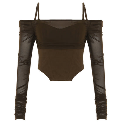 Mesh See-through Off-neck Braces Long Sleeve Irregular Cinched Waist Slim-fit Top T-shirt For Women