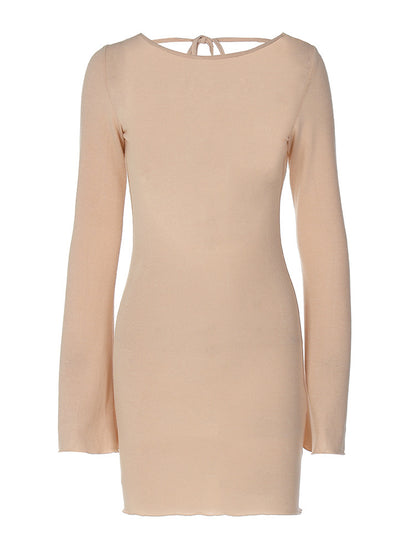 Solid Color Ribbed Long Sleeve Sexy Backless Slim Fit Dress