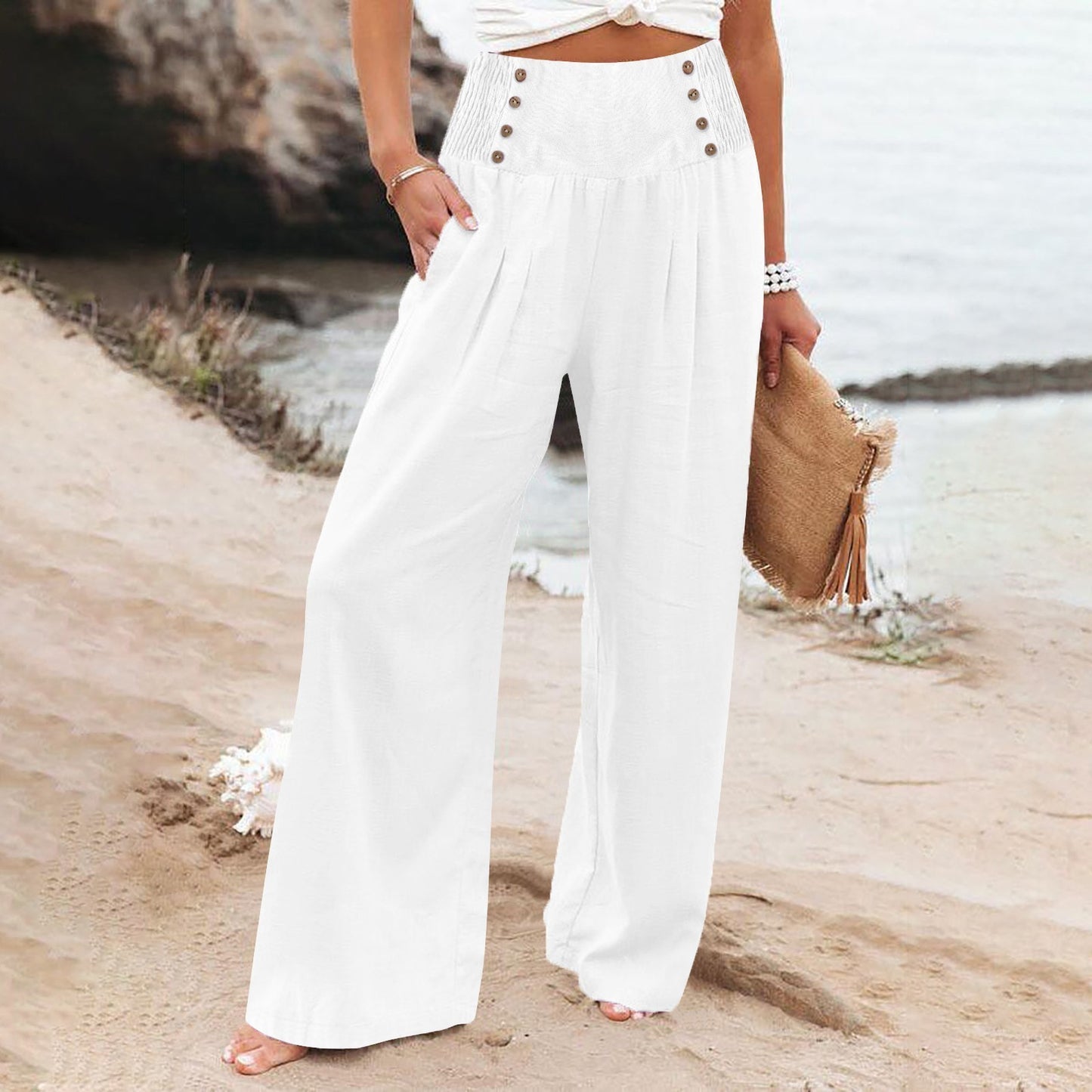 Spring And Summer Casual Elastic Waist High Waisted Women's Wide Leg Cotton Linen Loose Pants