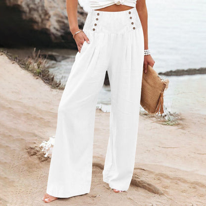 Spring And Summer Casual Elastic Waist High Waisted Women's Wide Leg Cotton Linen Loose Pants