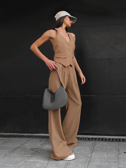 Black Halter Two-piece Vest Set Women