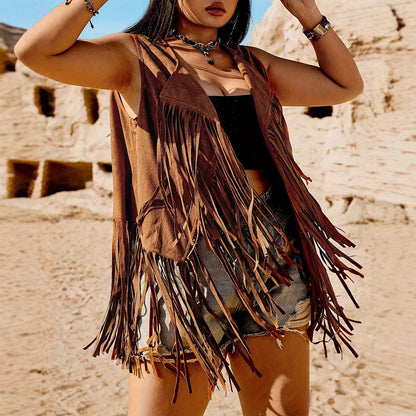 Women's Retro Tassel Sleeveless Lapel Jacket