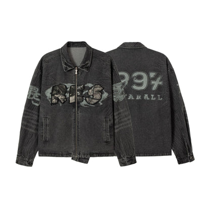 Embroidered Denim Motorcycle Jacket