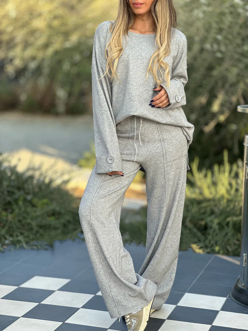 European And American Fashion Casual Set Solid Color Long-sleeve Suit Wide Leg Pants