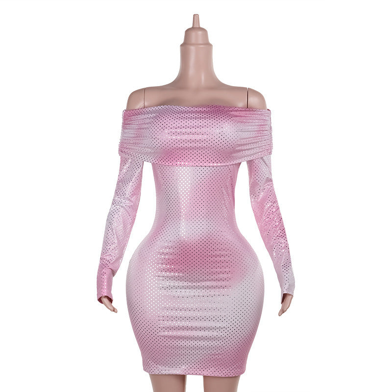 Off-shoulder Pleated Long Sleeve Dress Women