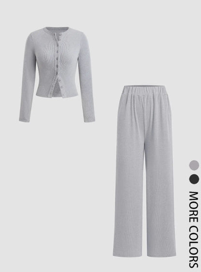 Casual Slim-fit Buttoned Long Sleeve Wide Leg Pants Suit