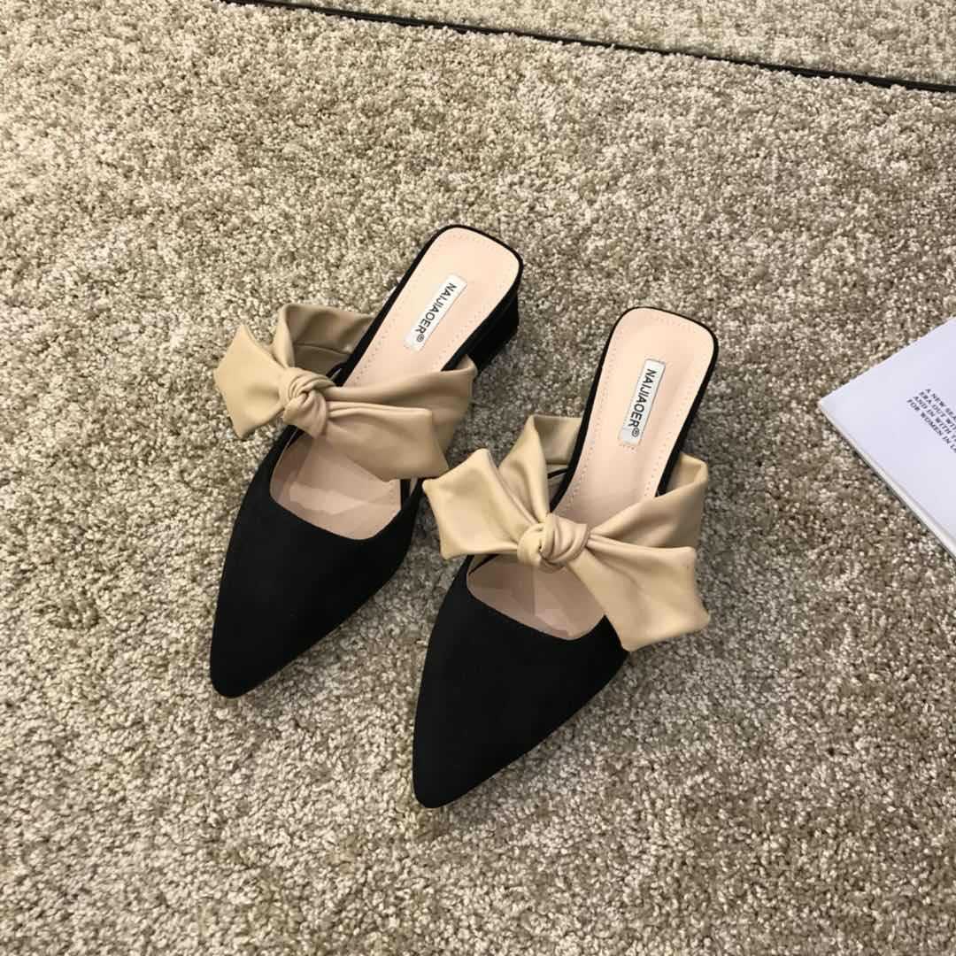 Bow-knot Baotou Mid-heel Half-drag Thick Heel Slippers