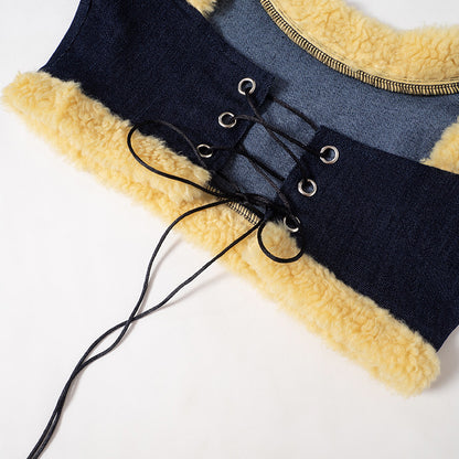 Women's Denim-piece Woolen Long Sleeves Coat Lace-up