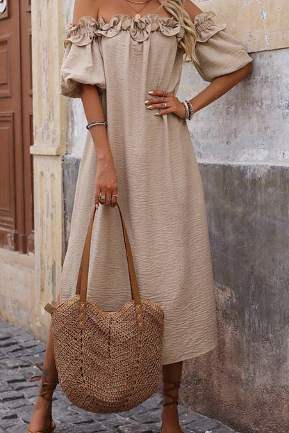 Women's Fashionable Off Shoulder Ruffle Trim Slit Dress