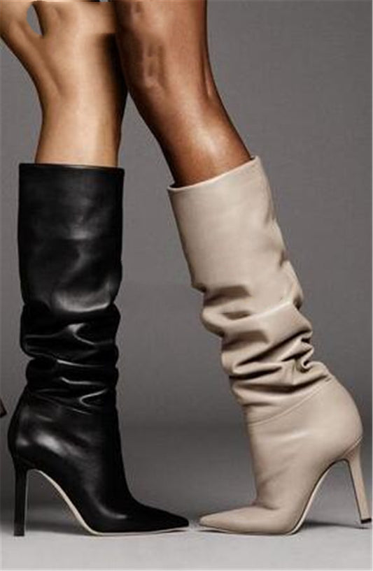 Solid Color Lychee Pattern Wedge Heel Sexy Pointed Toe Over The Knee Fashionable High-top Boots