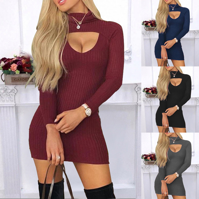 Slim-Fit Solid Color High-Neck Long-Sleeved Dress