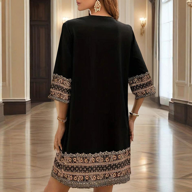 Women's V-Neck Middle Eastern Style Floral Print Midi Dress - Elegant Sleeve Design Lightweight Perfect For Spring&Summer Vacation & Daily Wear