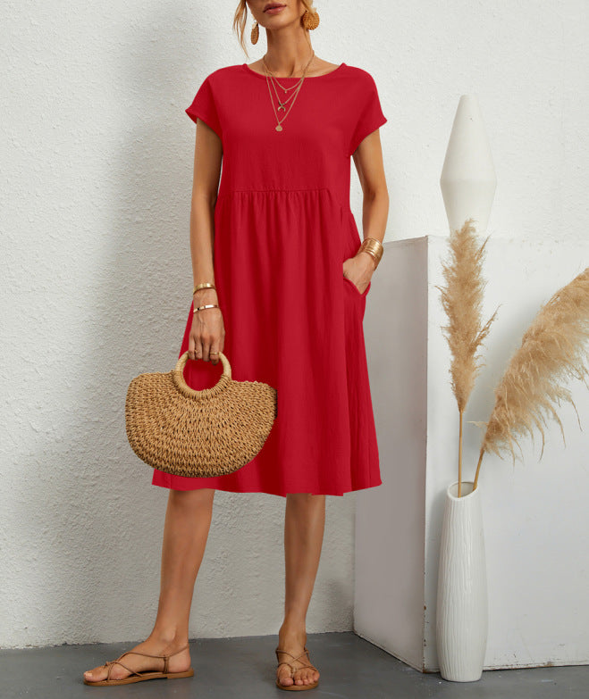 Summer OL Style Women's Solid Color Cotton Round Neck A-line Skirt Mid Length Dress