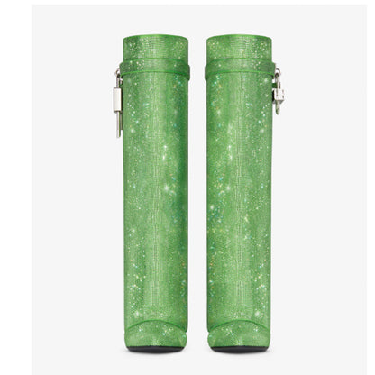 Round Toe Wedge Super High Heel Plus Rhinestone Lock Shark Buckle Knee-high Boots