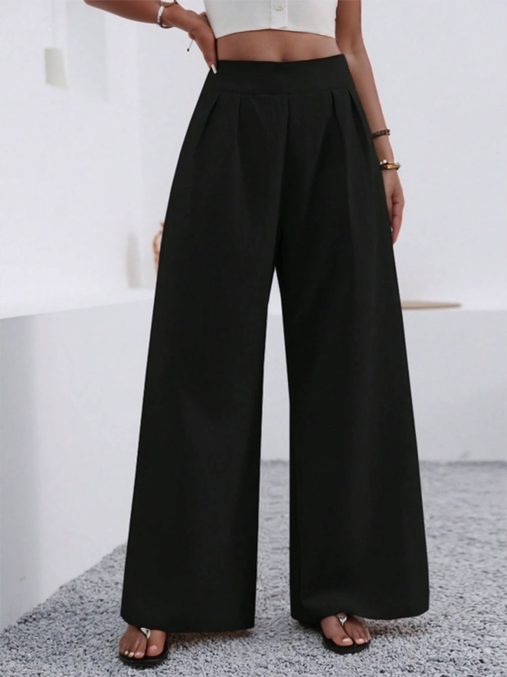 Solid Color Loose Wide Leg Elegant Pants With Pocket
