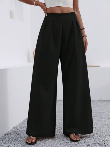 Solid Color Loose Wide Leg Elegant Pants With Pocket