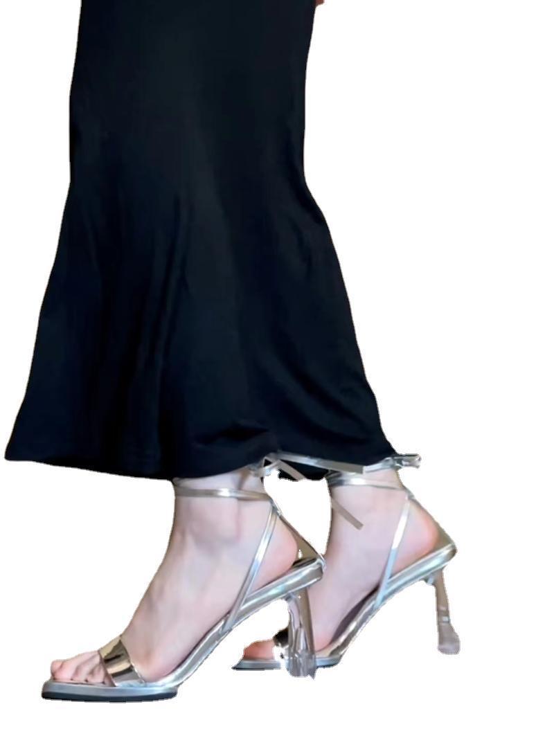 Niche Design Silver High Heels Transparent Stiletto Heel Roman Strap Elegant Sandals