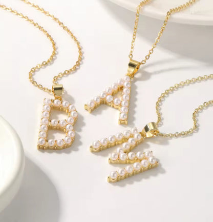 Personalized Initial Pendant With Initial Pearl Necklace Gold Monogram